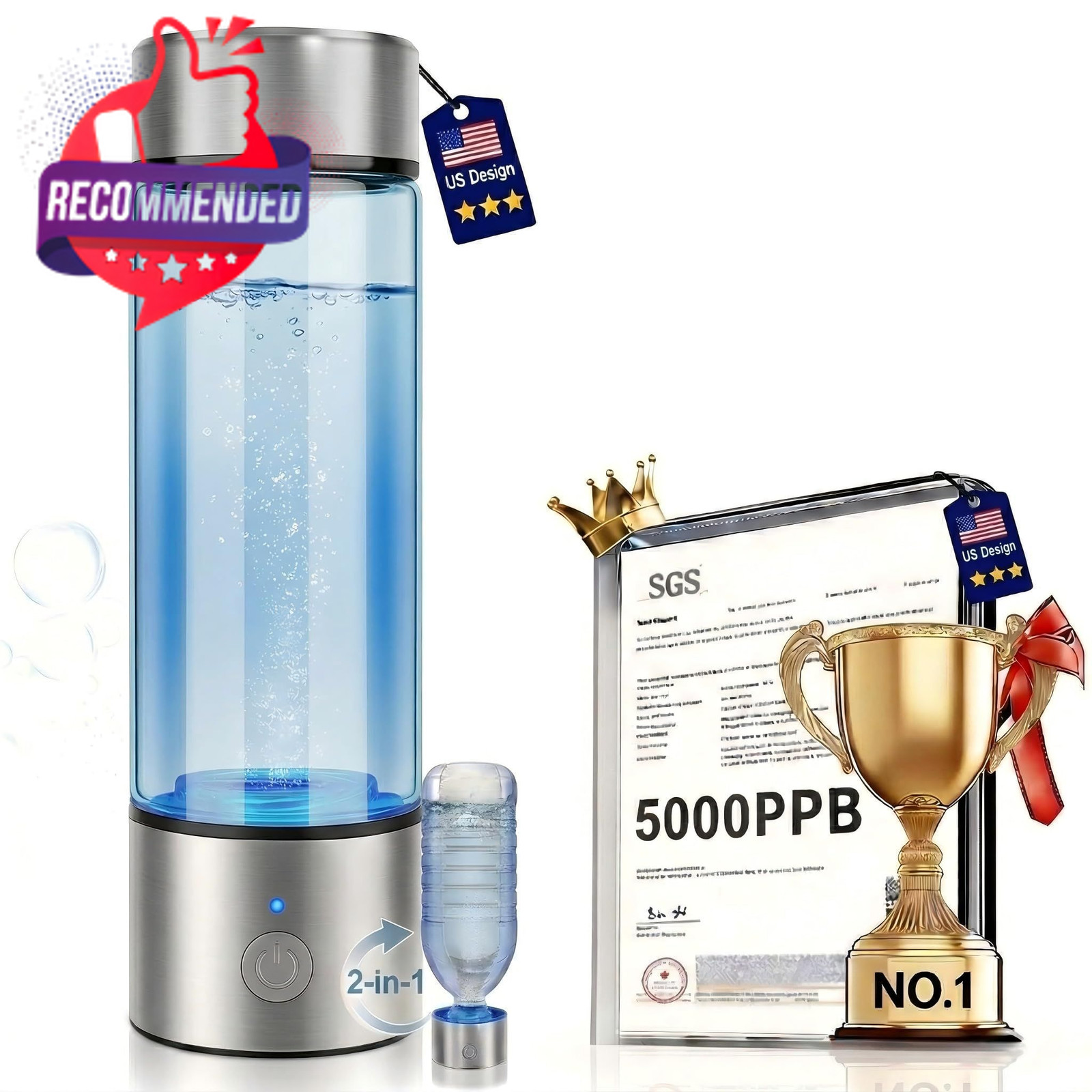 Portable Hydrogen Water Bottle Generator, 450ml Borosilicate Silver Gray