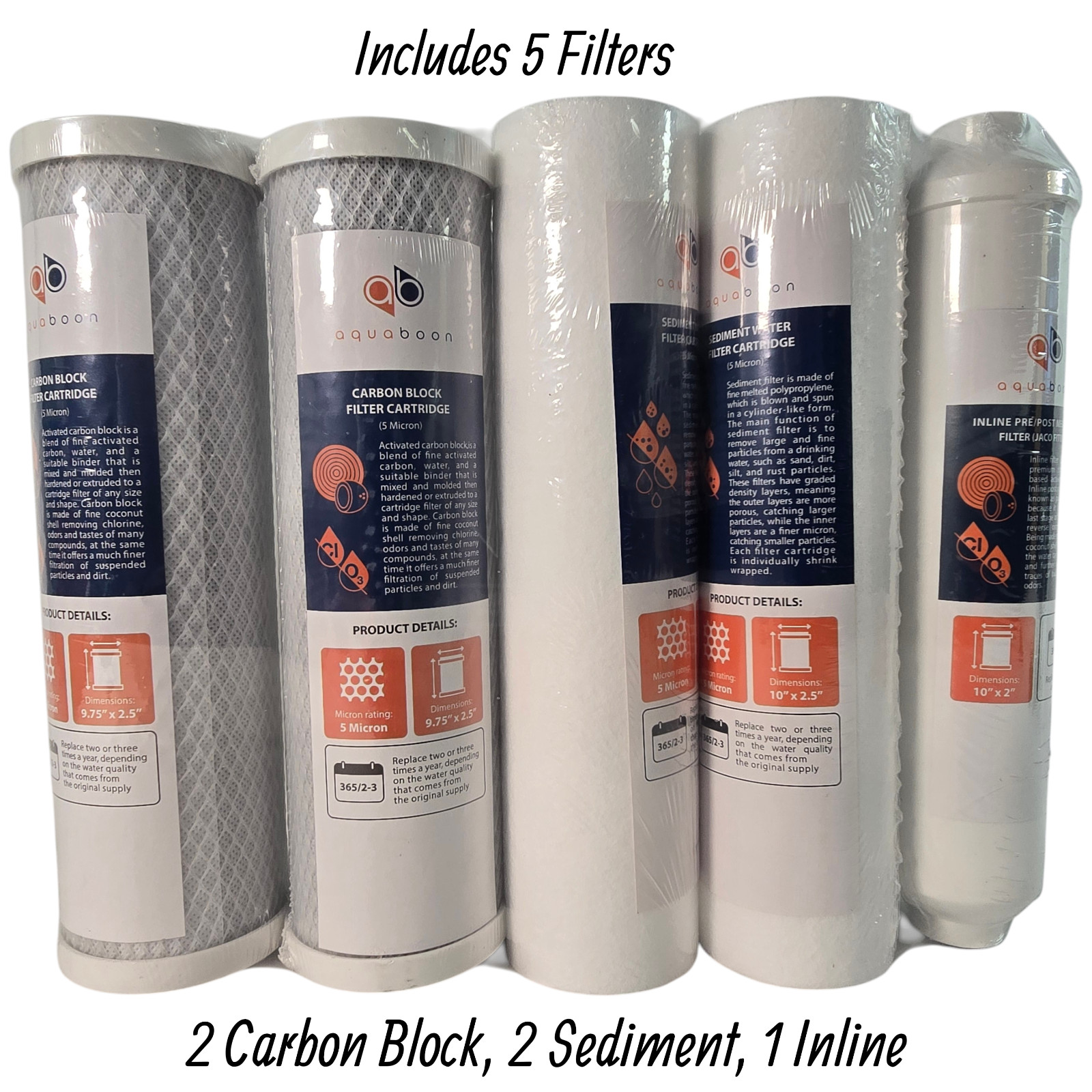 Aquaboon 5 Pack Water Filter Kit 10in 5 Micron Carbon Sediment Inline