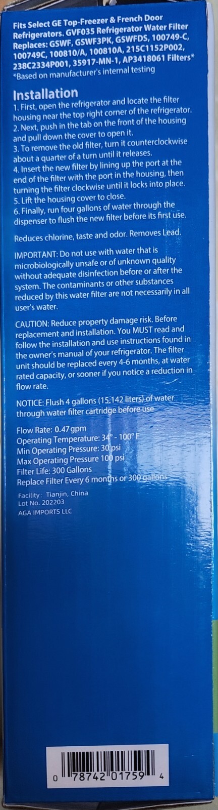 2 Great Value Refrigerator Filter Model No. GVF035 Replacement for GE Kenmore