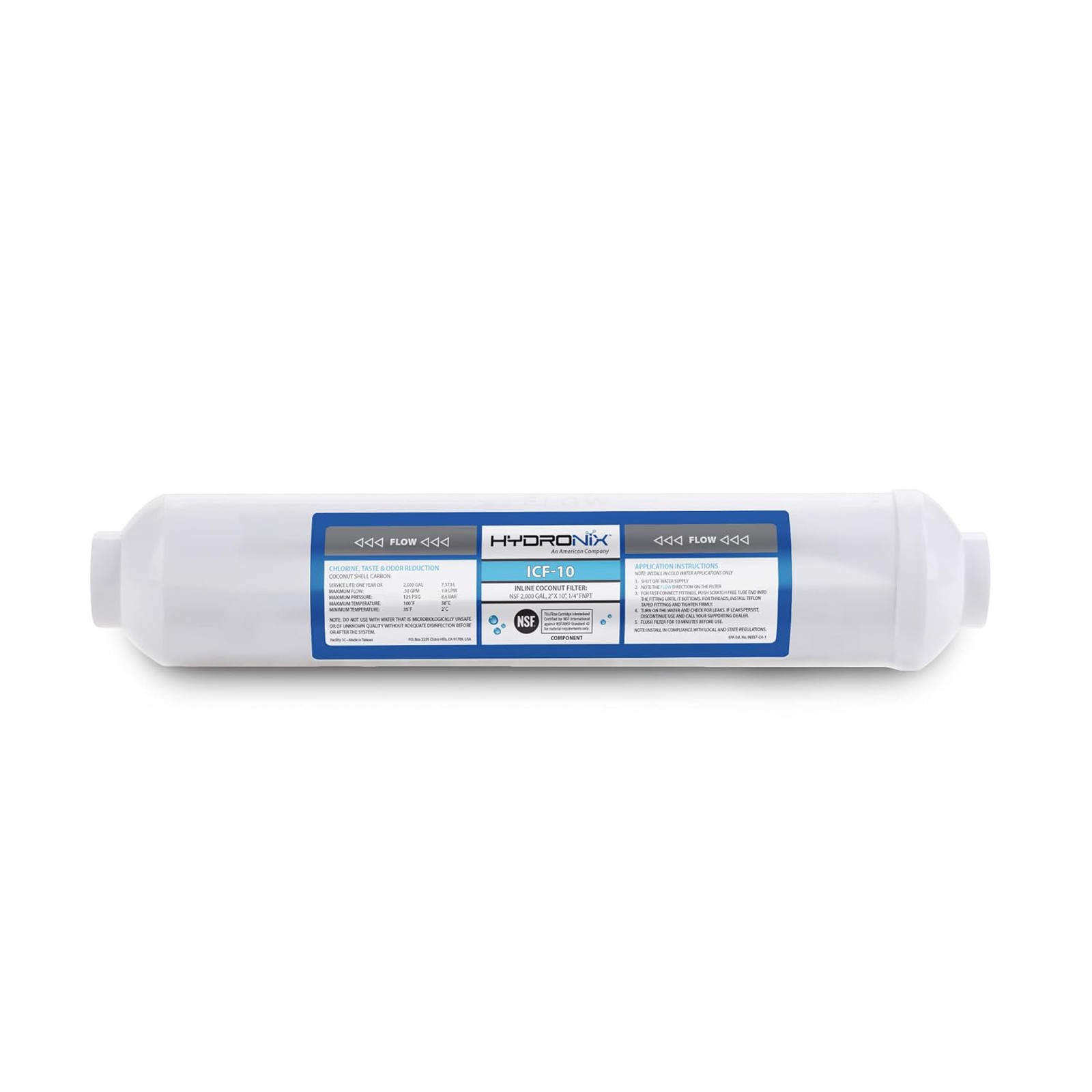 Reverse Osmosis Post Water Filter ICF-10 GAC Coconut Shell Carbon 1/4 Inch NPT