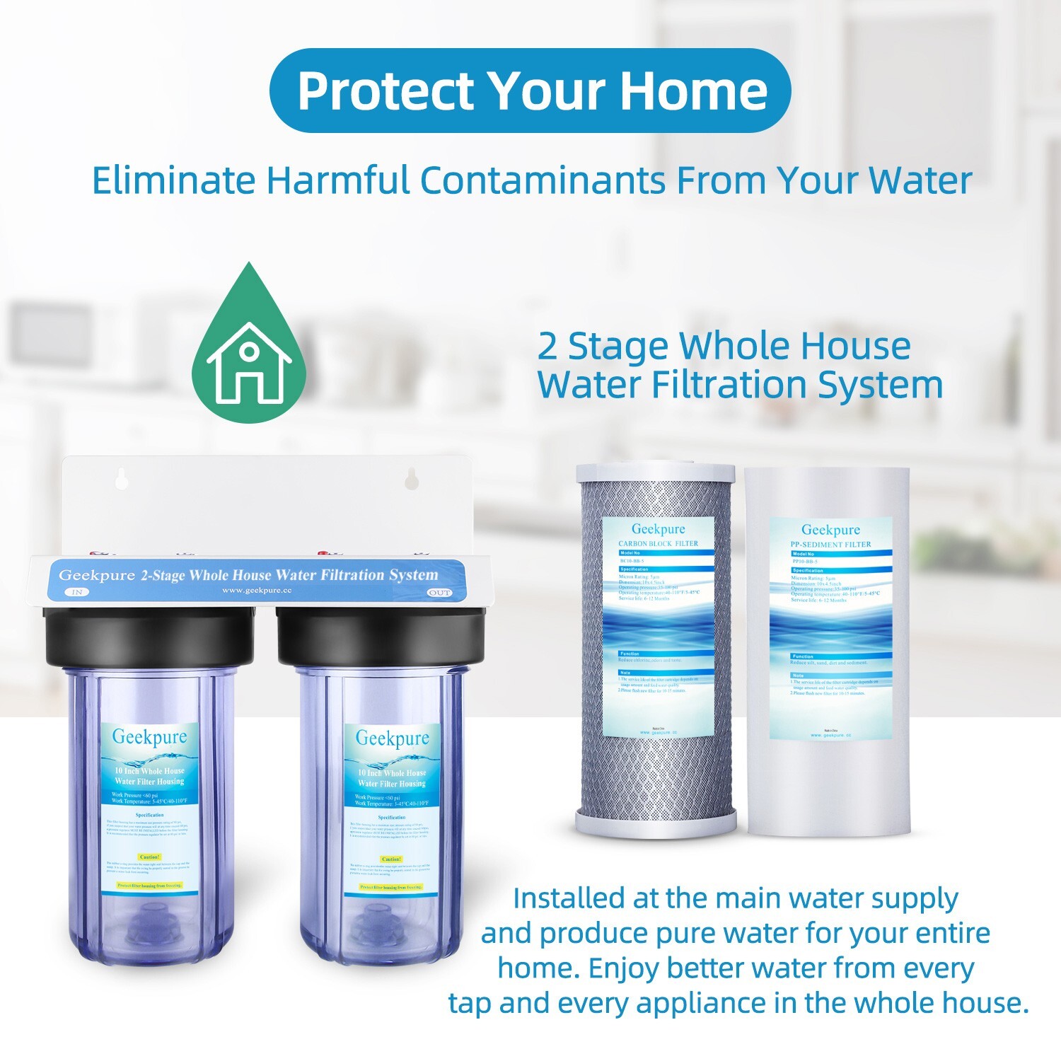 2 Stage 10″Clear Housing For Whole House Water Filter System-PP and Carbon Block