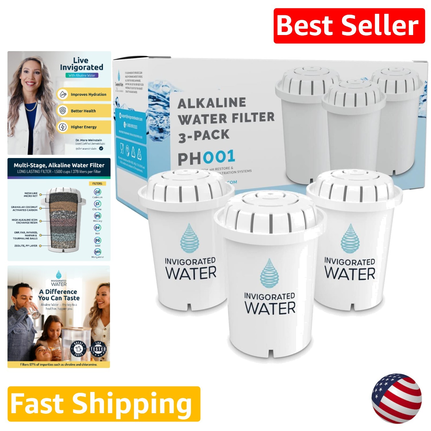 SGS Certified PH001 Water Filter 3-Pack – Alkaline, Minerals, Removes Impurities