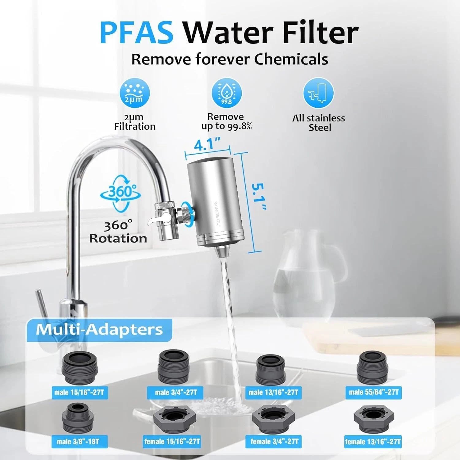 Stainless Steel Faucet Water Filter with 360° Rotation