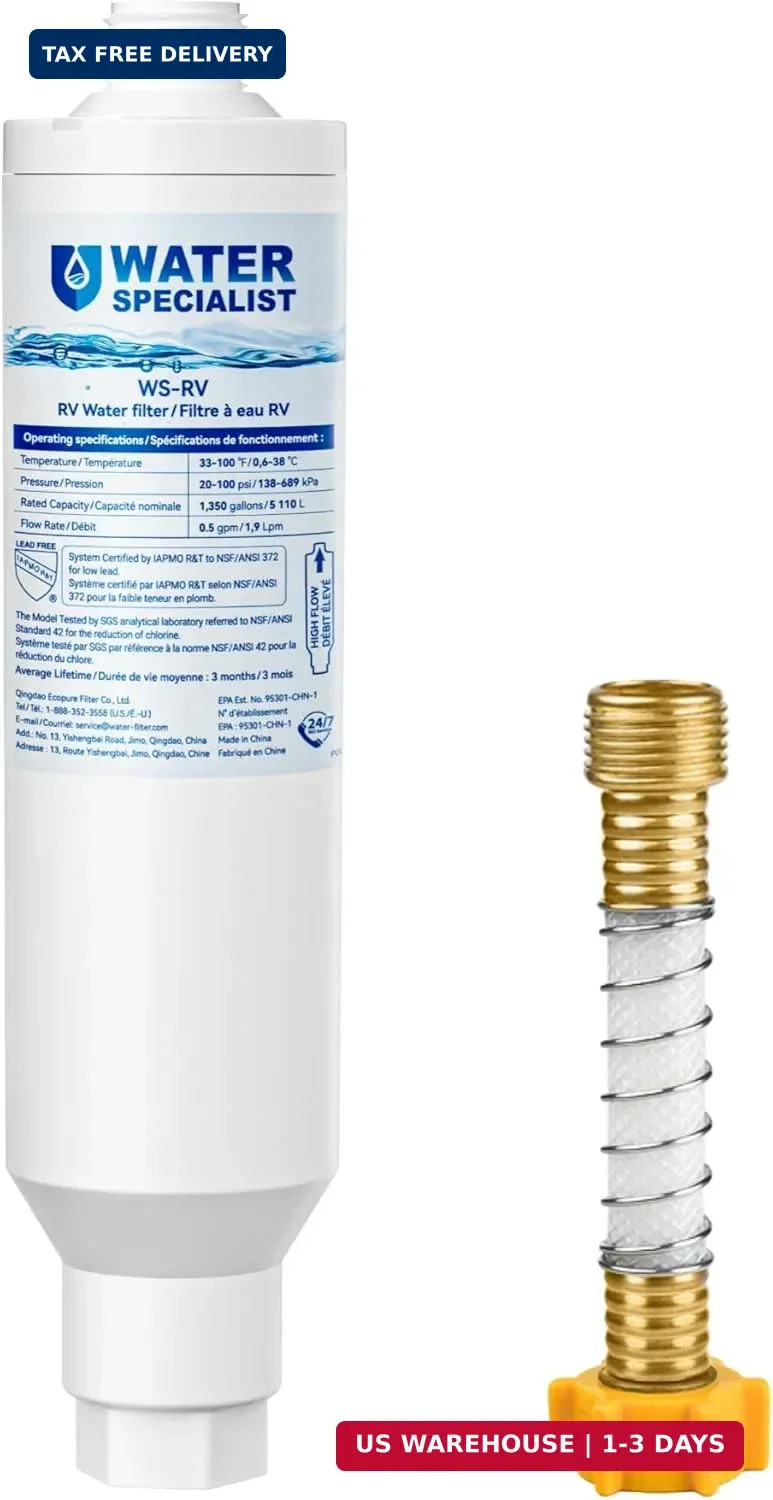 Waterspecialist RV Inline Water Filter, NSF Certified, Reduces Chlorine, Bad Tas