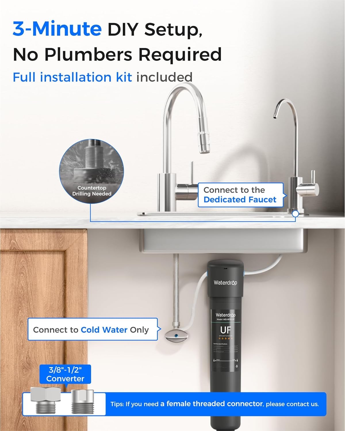 Waterdrop 15UB-UF Under Sink Water Filter System with Dedicated Faucet, 16K Gal