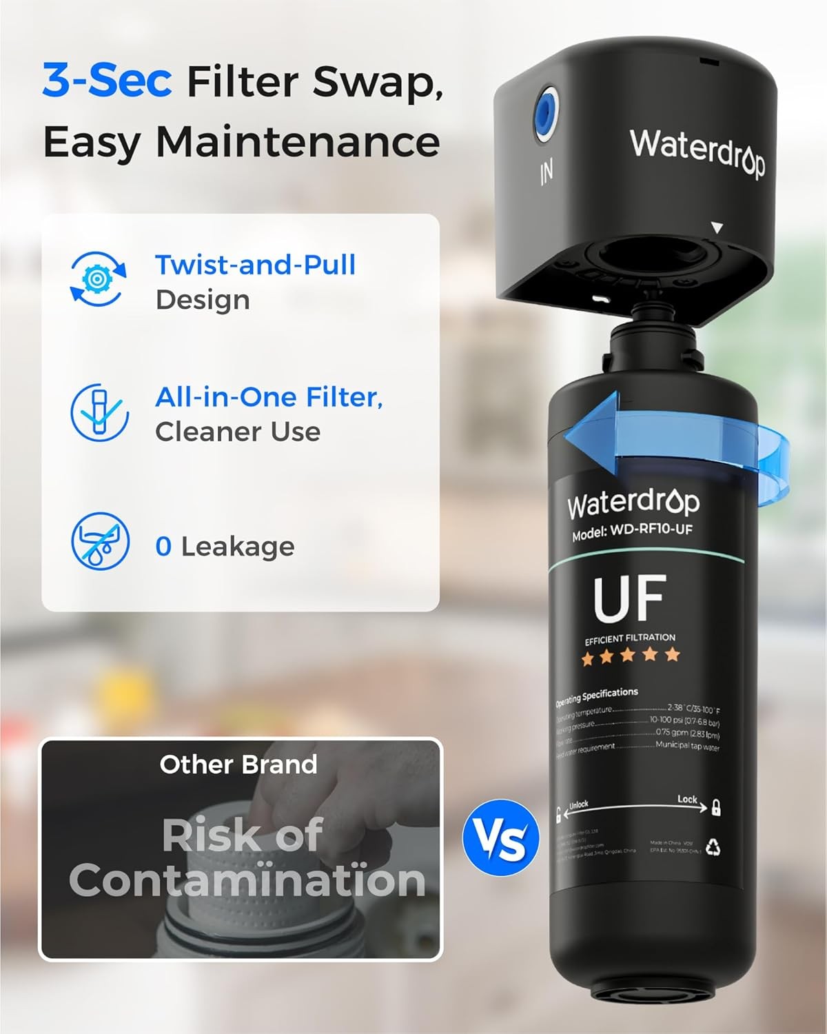 Waterdrop 10UA-UF Under Sink Water Filter, 0.01 μm Ultra Filtration, 8K Gallons