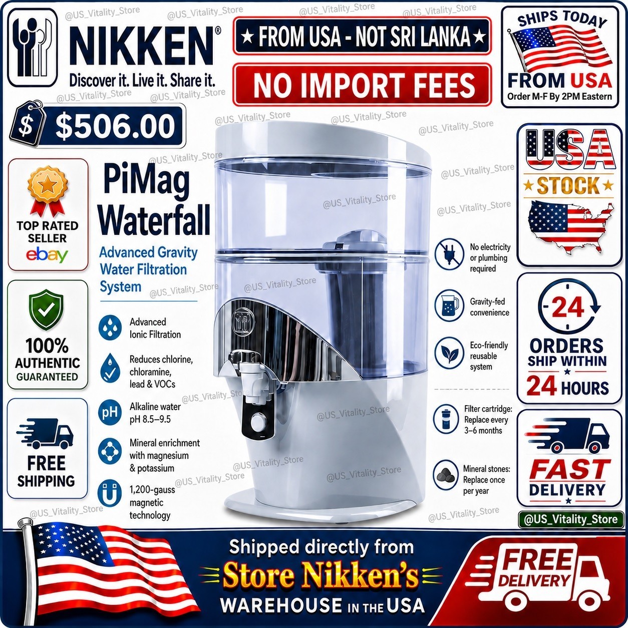 Nikken PiMag Waterfall Gravity Water Filter System Alkaline BPA Free #13681 NEW⚡