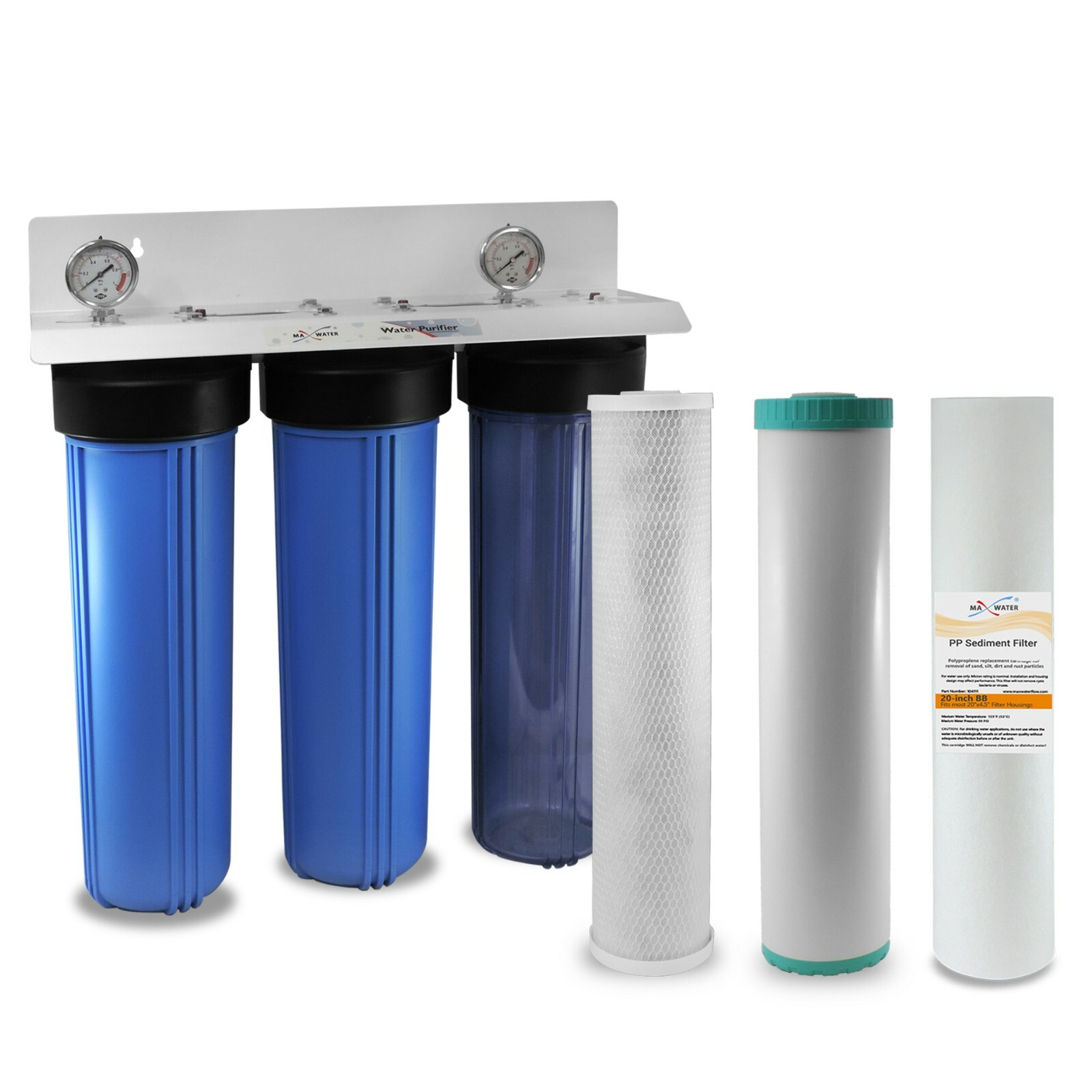 Iron Manganese Whole House 3 Stage 20″x 4.5 Big Blue Max Water Filter 1″ Ports