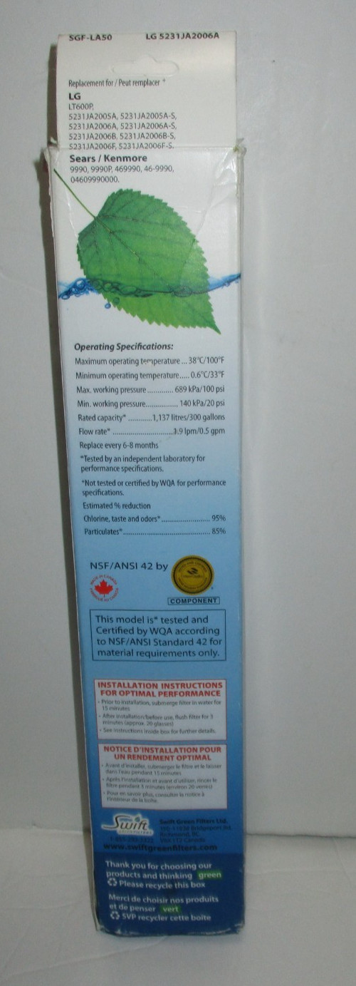 Swift Green Refrigerator Water Filter SGF-LA50 New