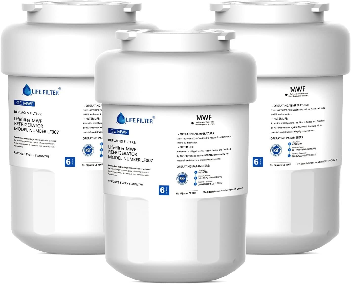 3PK Lifefilter MWF Water Filters fits GE Refrigerators, NSF 42 Replacement