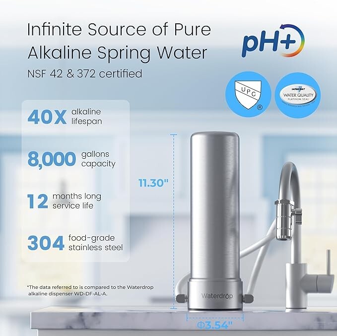 Waterdrop Alkaline Countertop Water Filter, 12 Months or 8,000 Gallons Long-Life