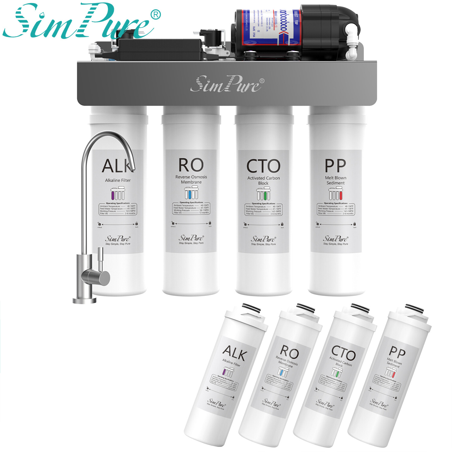 SimPure WP2-400GPD UV Alkaline Mineral pH+ Drinking Water Reverse Osmosis System