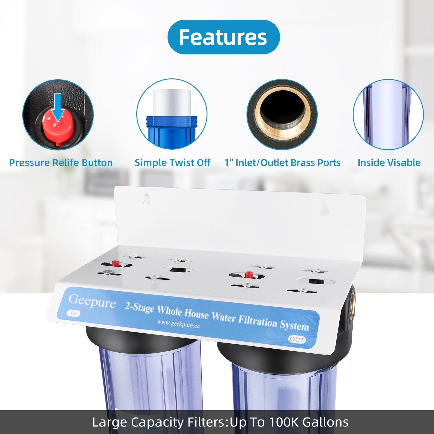2 Stage 20″ Clear Housing For Whole House Water Filter System 1″-PP Carbon block