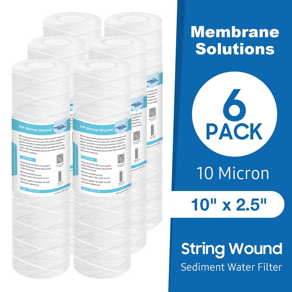 6 Pack 10 Micron 10″x2.5″ String Wound Whole House RO Well Water Sediment Filter