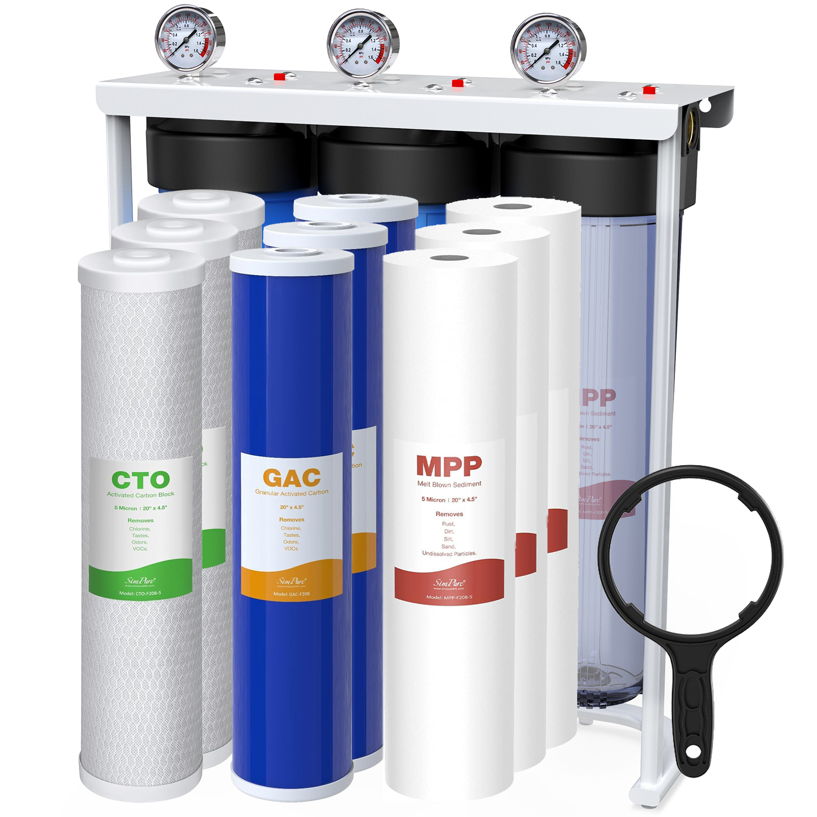 20×4.5″ 3-Stage Whole House Water Filter System 5μm Big Blue Housing 150,000 gal