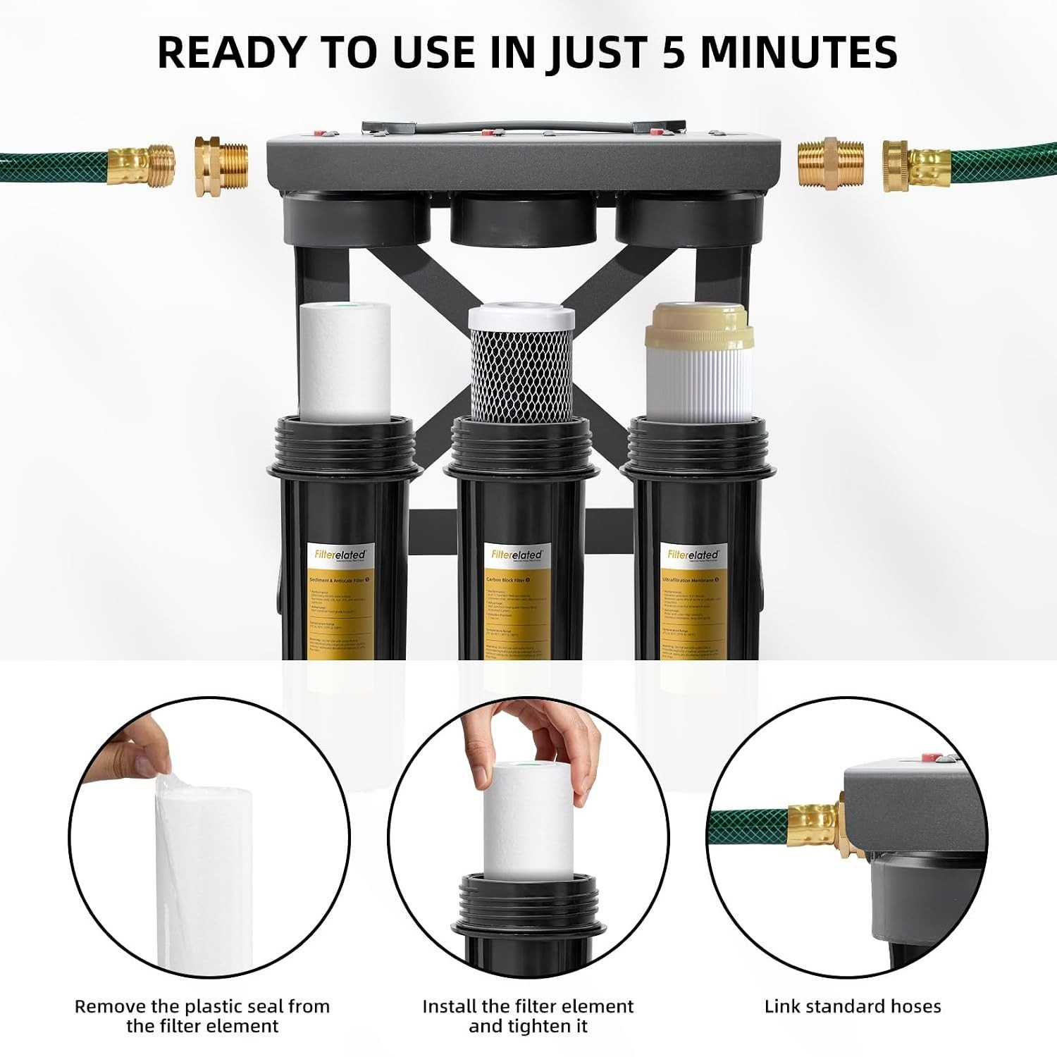 RV Water Filter System 3 Stage Steel Mount Brass Fittings Boat Camper Car Wash