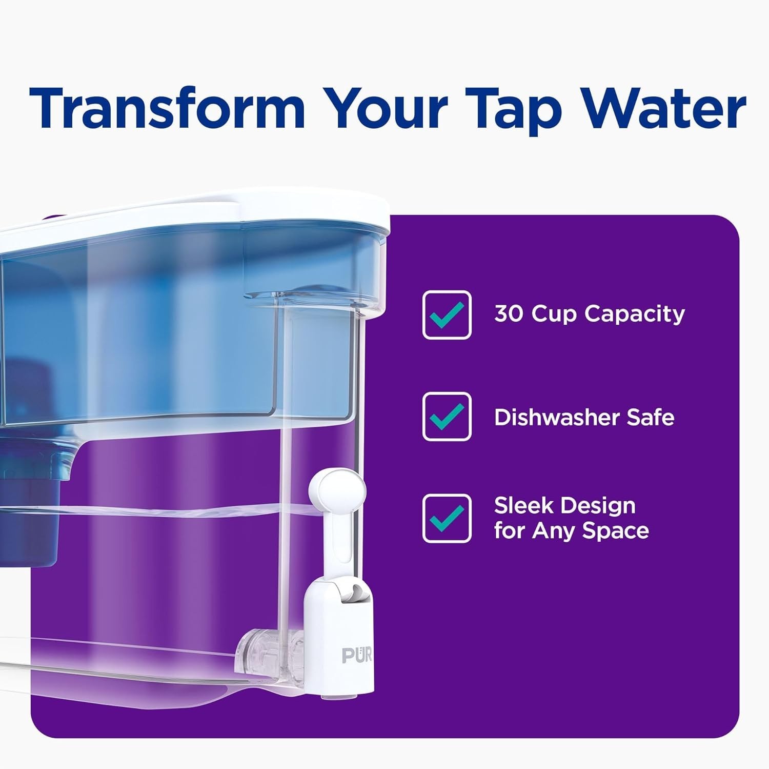 30-Cup Water Filter Dispenser 2-in-1 Filtration Dishwasher Safe White Blue