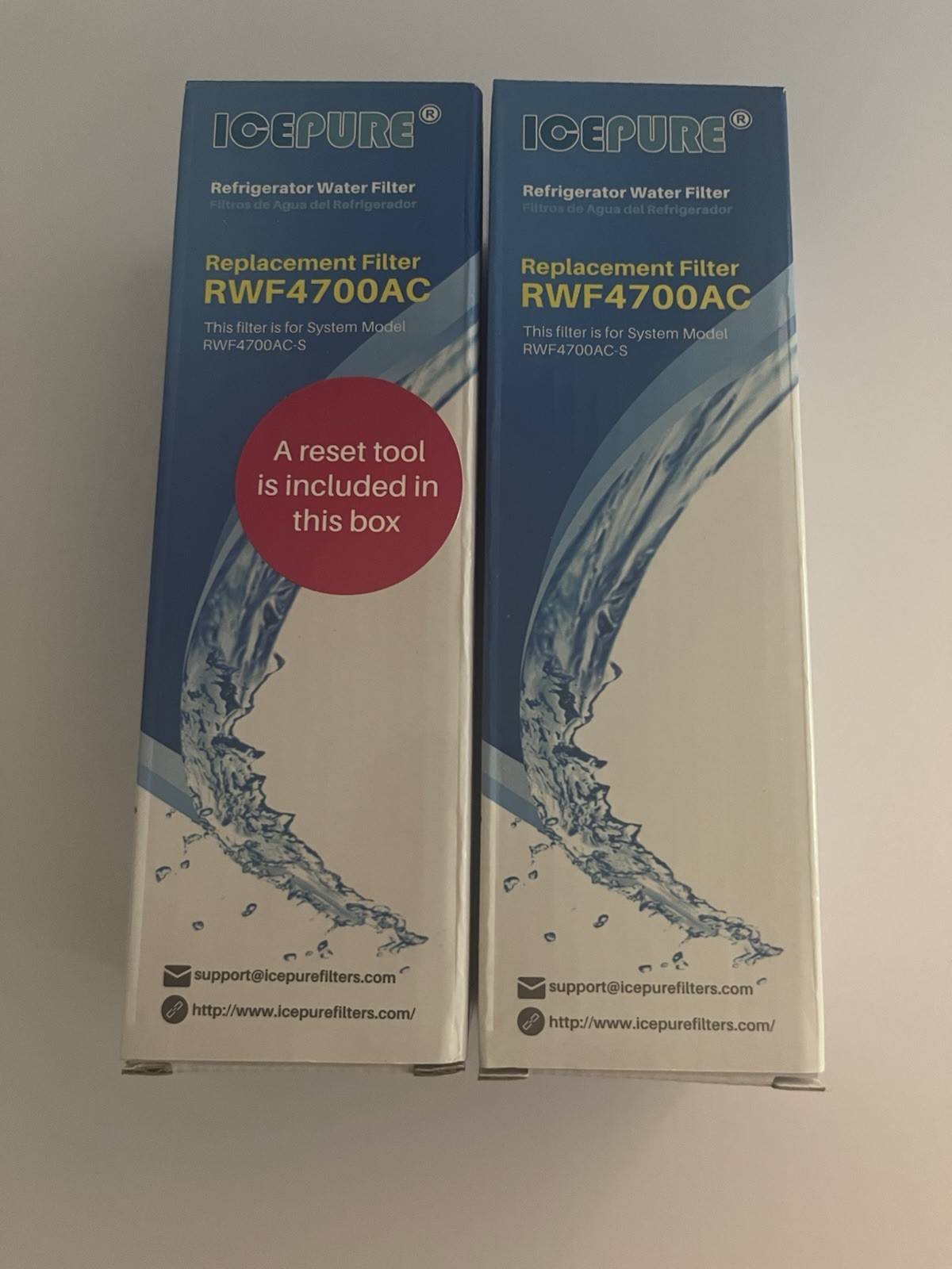 ICE PURE RWF4700AC Refrigerator water filters. Two new. Boxes Unopened.