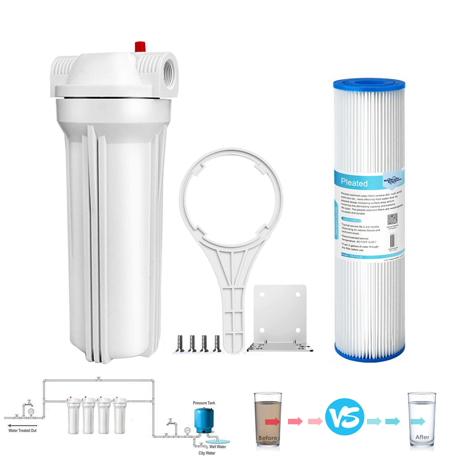 10 Inch Whole House Water Filter Housing Filtration 2.5×10″ Pleated Sediment Set