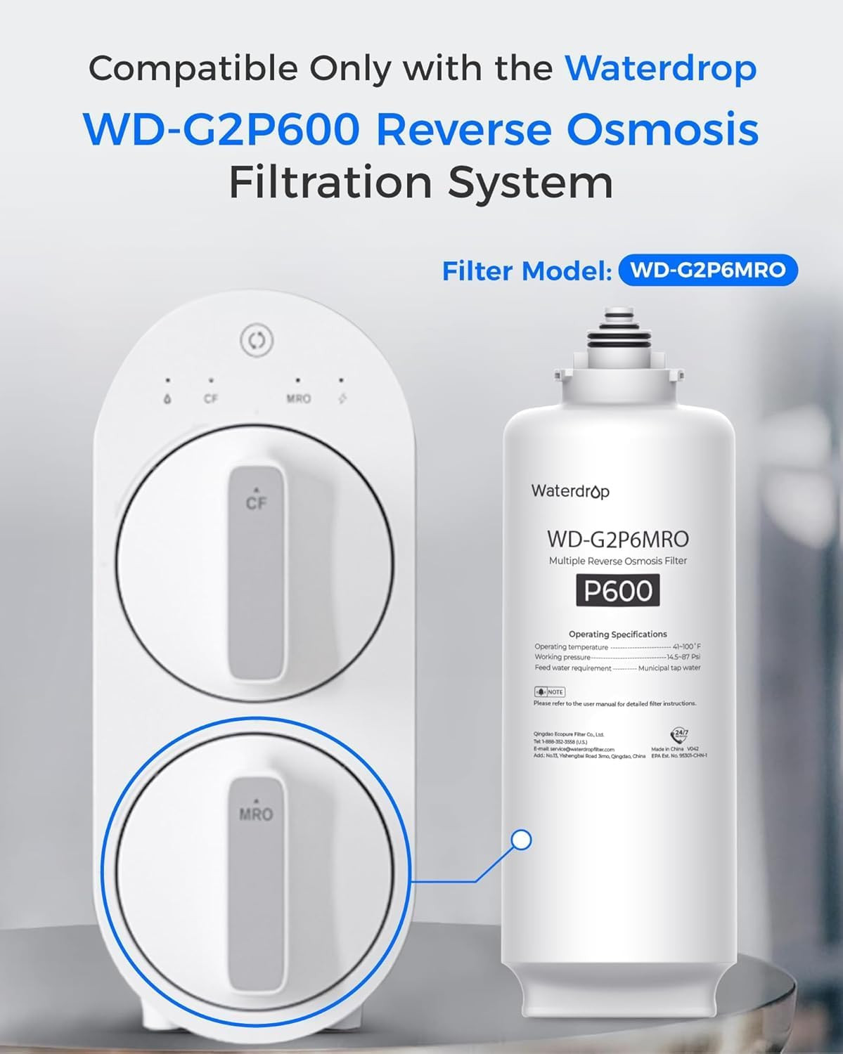 Waterdrop G2P6MRO Filter, Replacement for G2P600 Reverse Osmosis System, 2-year