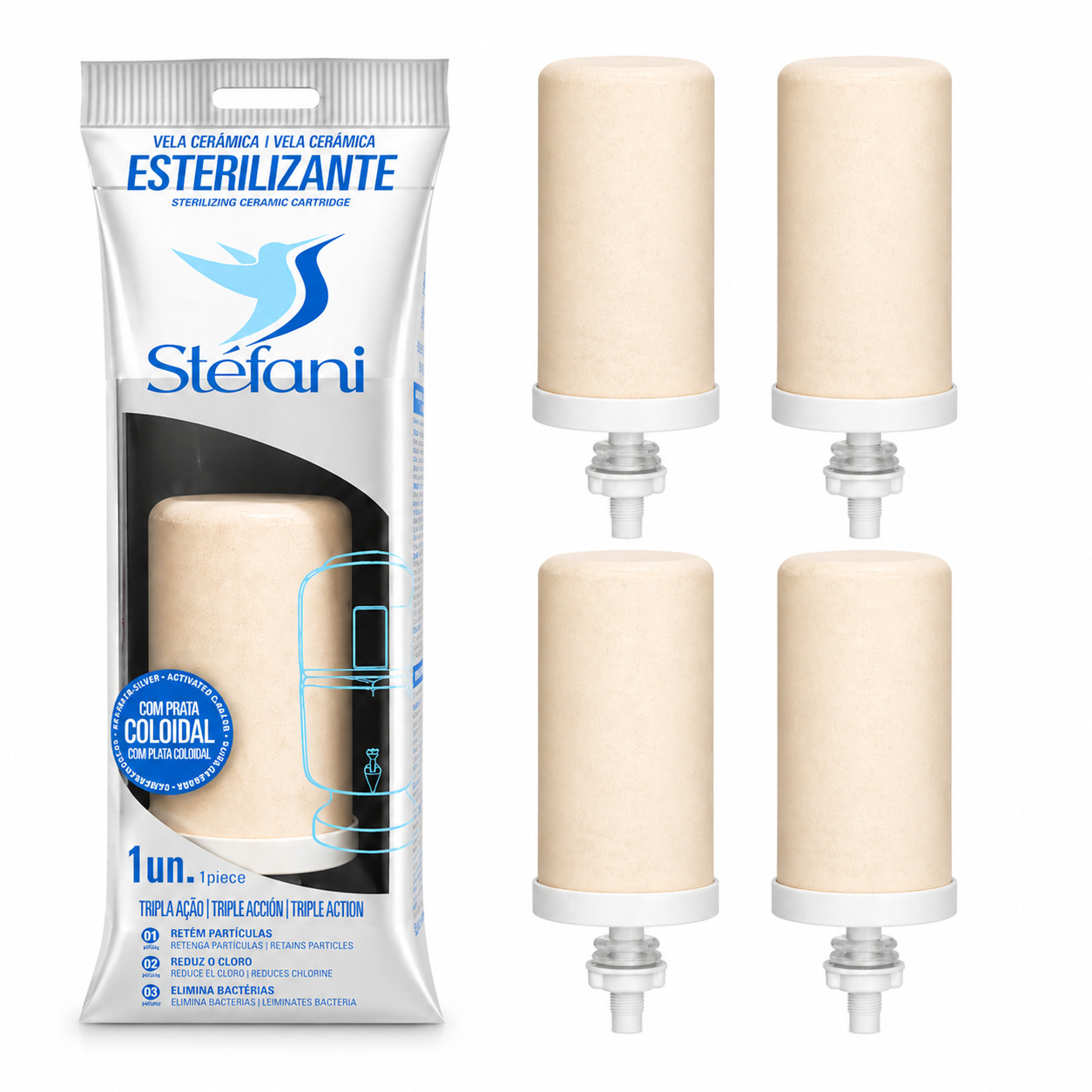 Stefani Ceramic Water Filter Cartridges Triple Action Carbon Silver, 4 Pack