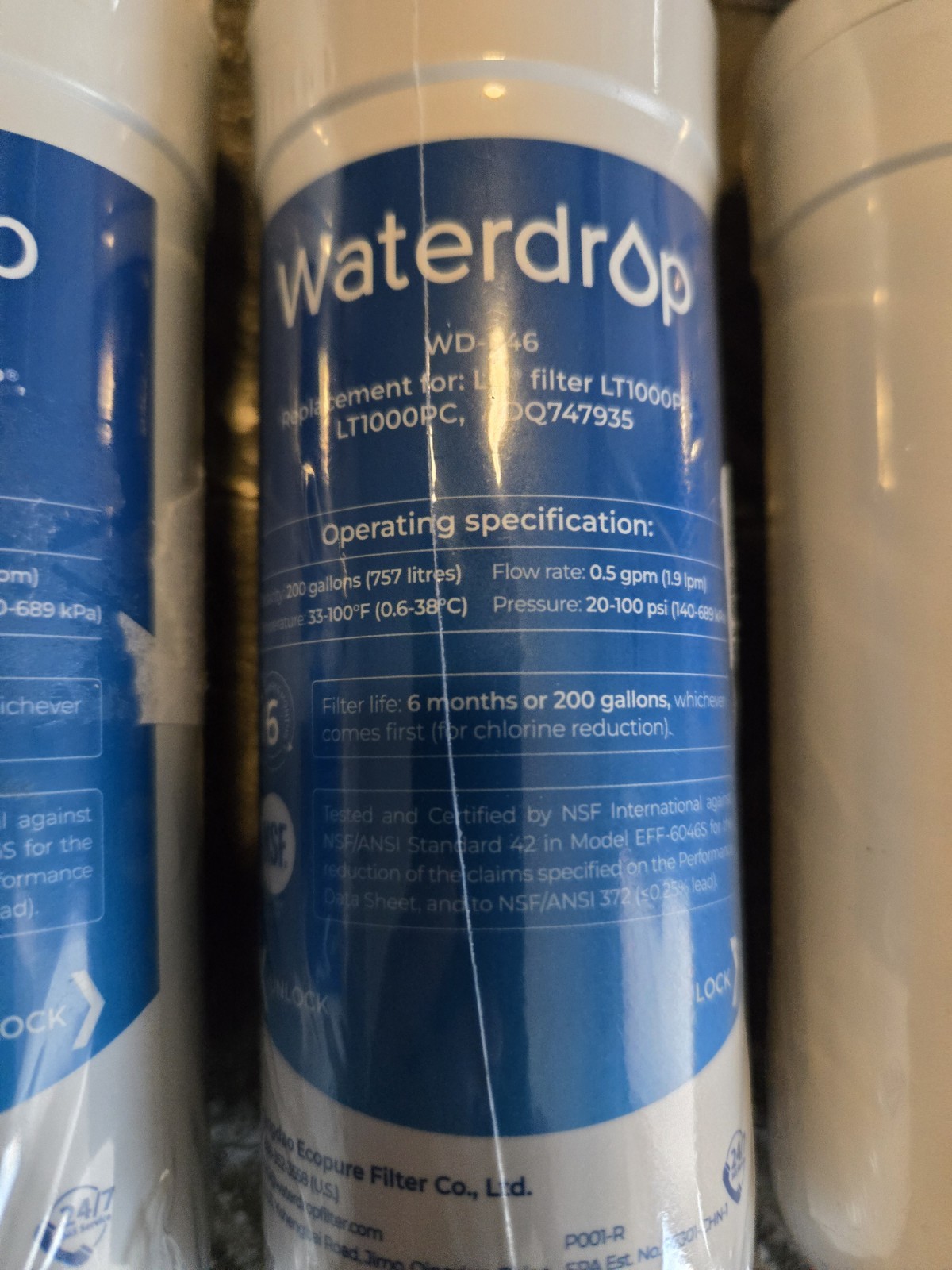 3 pk Waterdrop Water Filters WD-F46 Replacement For LG LT1000P/PC ADQ747935