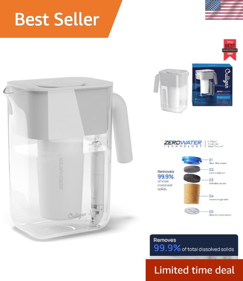 12-Cup Advanced Water Filter Pitcher with Built-In TDS Meter & Ergonomic Handle