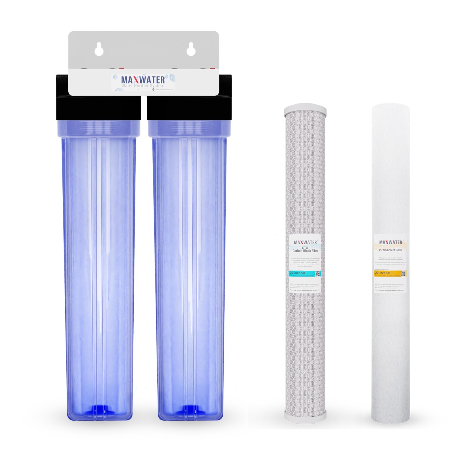 Max Water 2 Stage 20″ x 2.5″ Clear Housing Water Filter, Sediment Carbon CTO