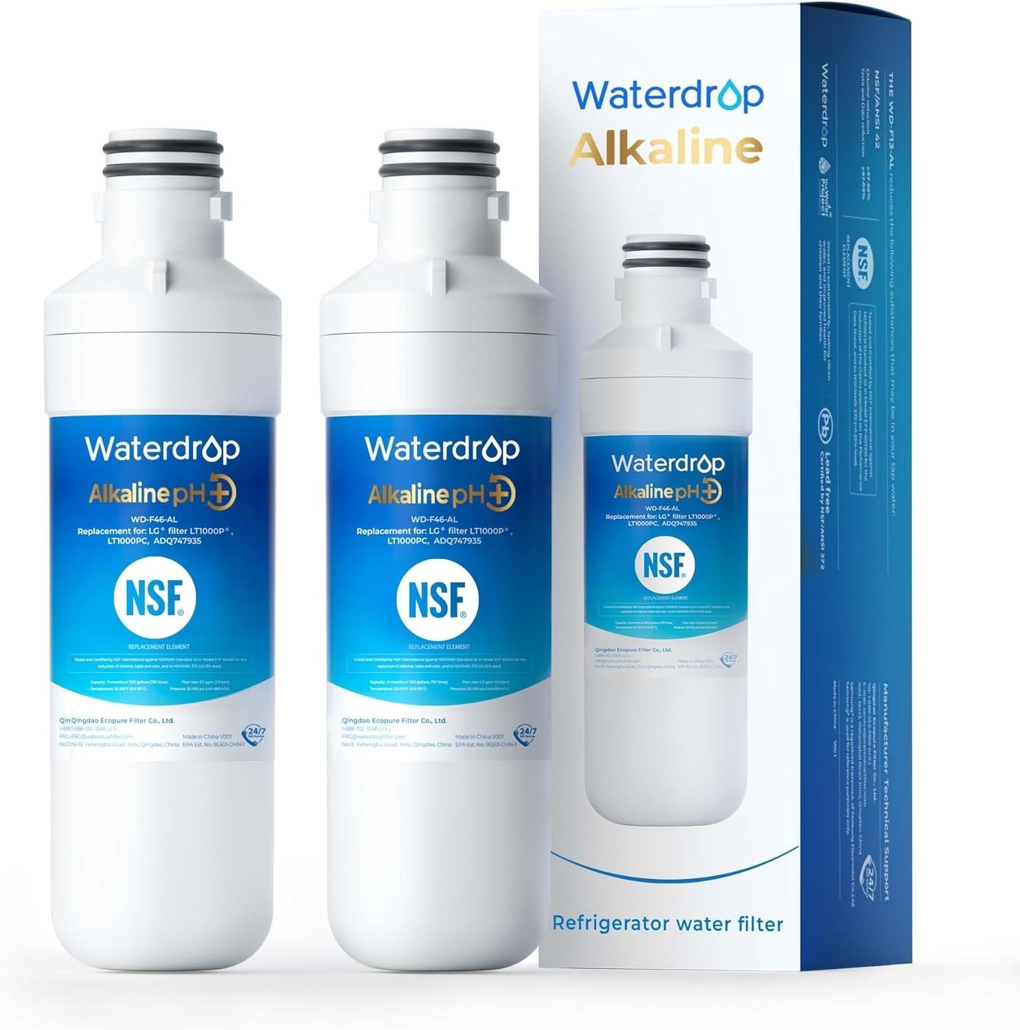 Waterdrop Alkaline Refrigerator Water Filters Replacement for LG® LT1000P®, (2)