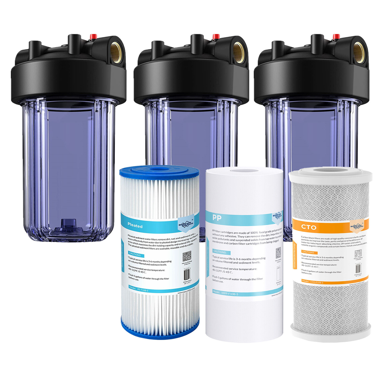3-Stage 10 Inch Clear Whole House Water Filter Housing Filtration System 1″ NPT