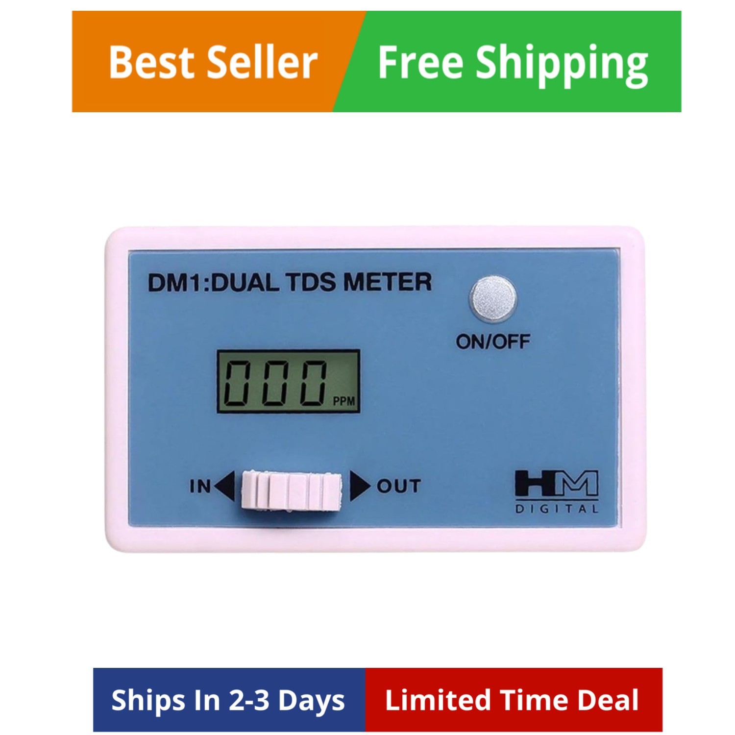 In-Line Dual TDS Monitor, 0-9990 ppm Range, +/- 2% Readout Accuracy,Blue & White