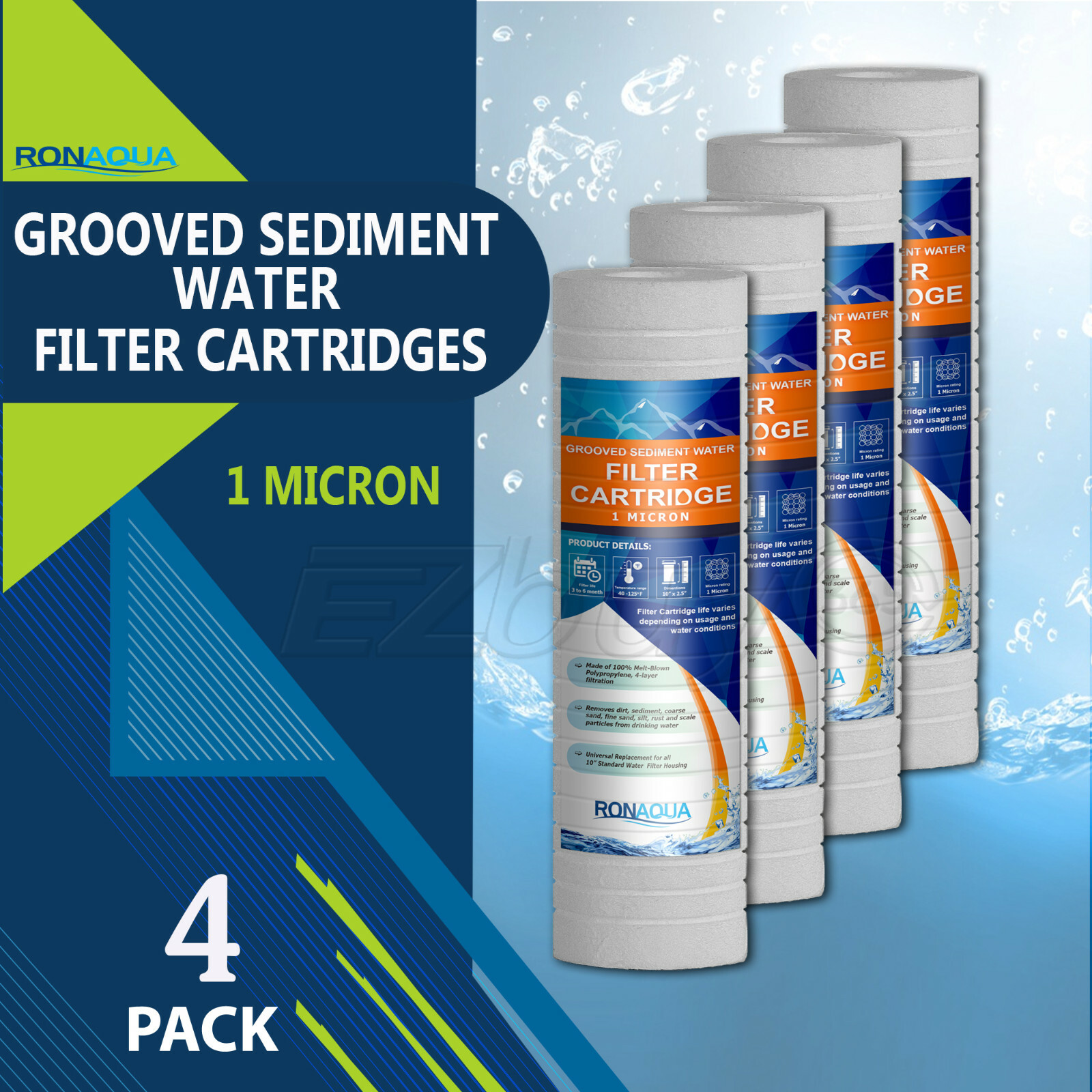 4 Pack Grooved Sediment 1 Micron Water Filters Cartridge 2.5″ x 10″