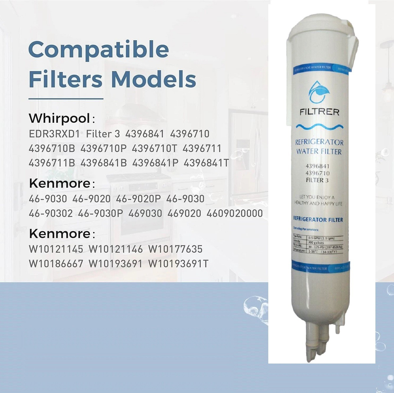 3 Pack Refrigerator Water Replacement Filter EDR3RXD1 9083 4396841 4396710