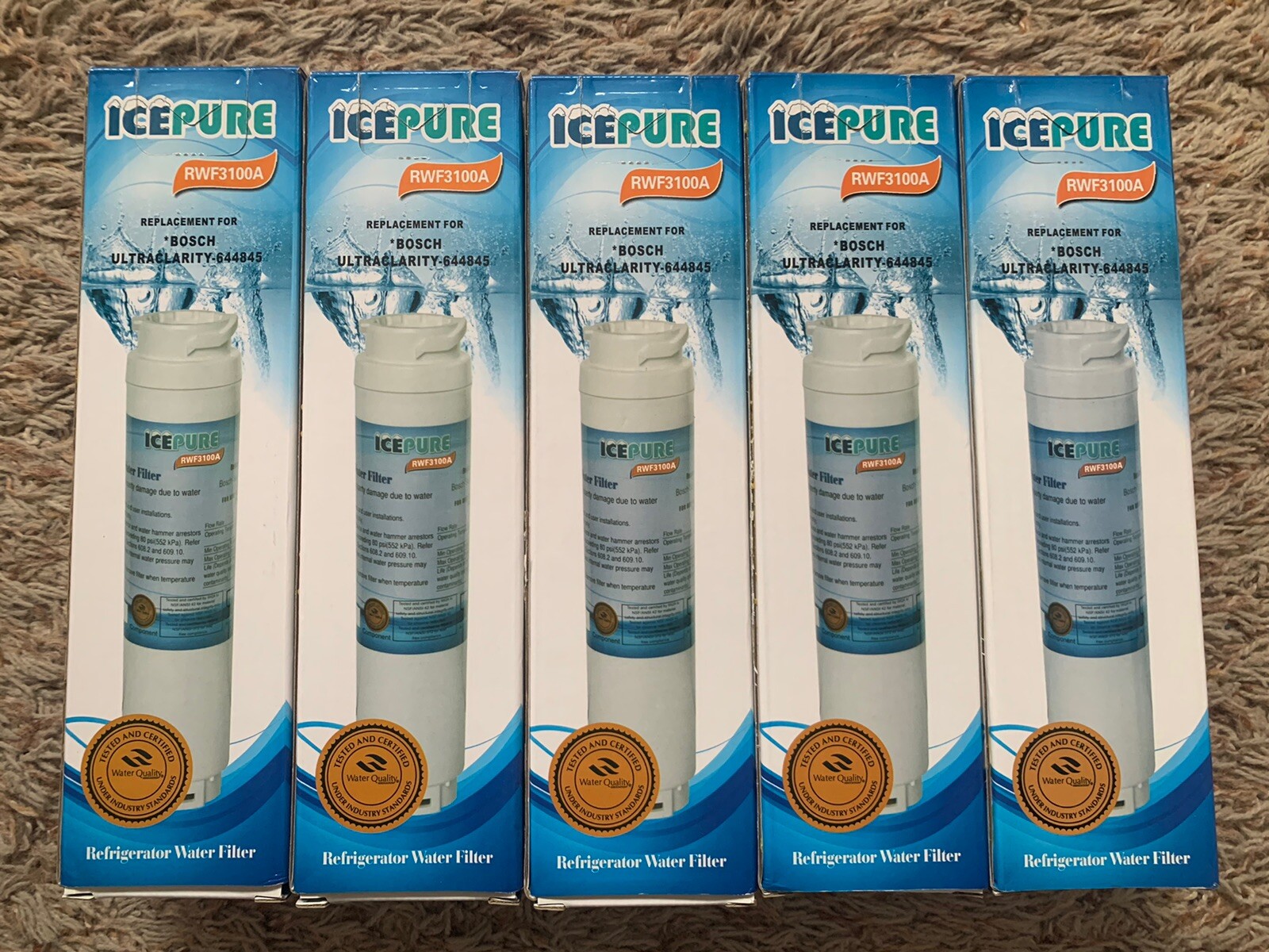 LOT of (5) ICEPURE REFRIGERATOR WATER FILTERS! RWF3100A Replacement for BOSCH