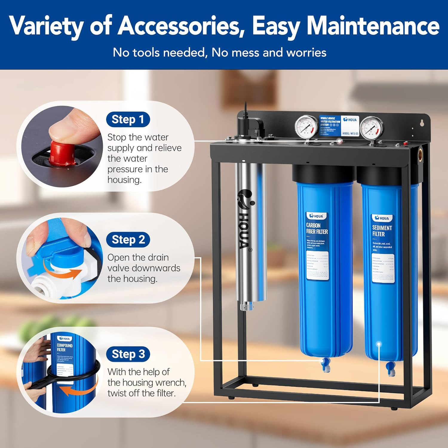 3-Stage Whole House Water Filtration System with UV Filter & Heavy Metal Reducti