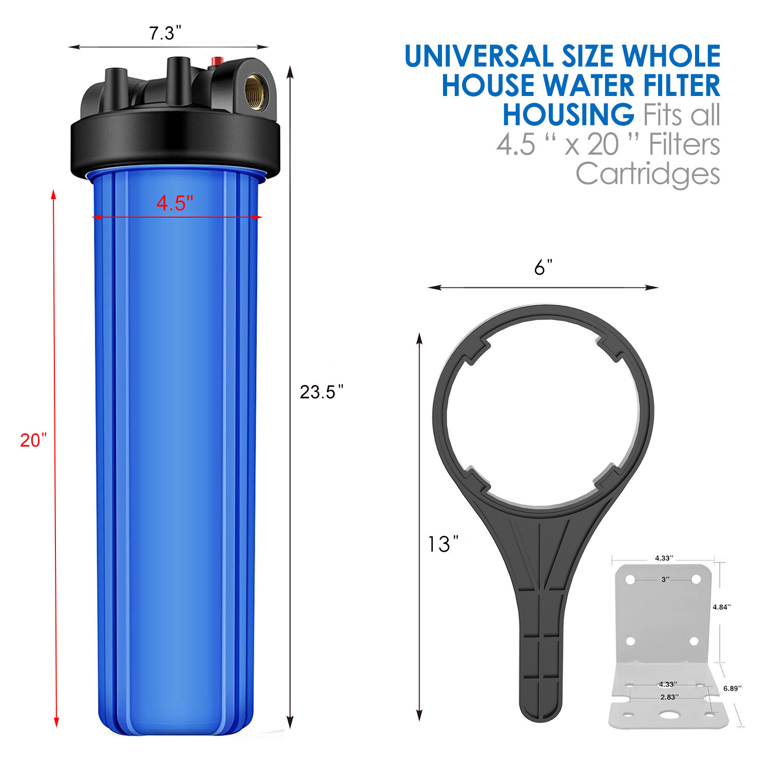 20″ x 4.5″ Big Blue Whole House Water Filter Housing Filtration System Cartridge