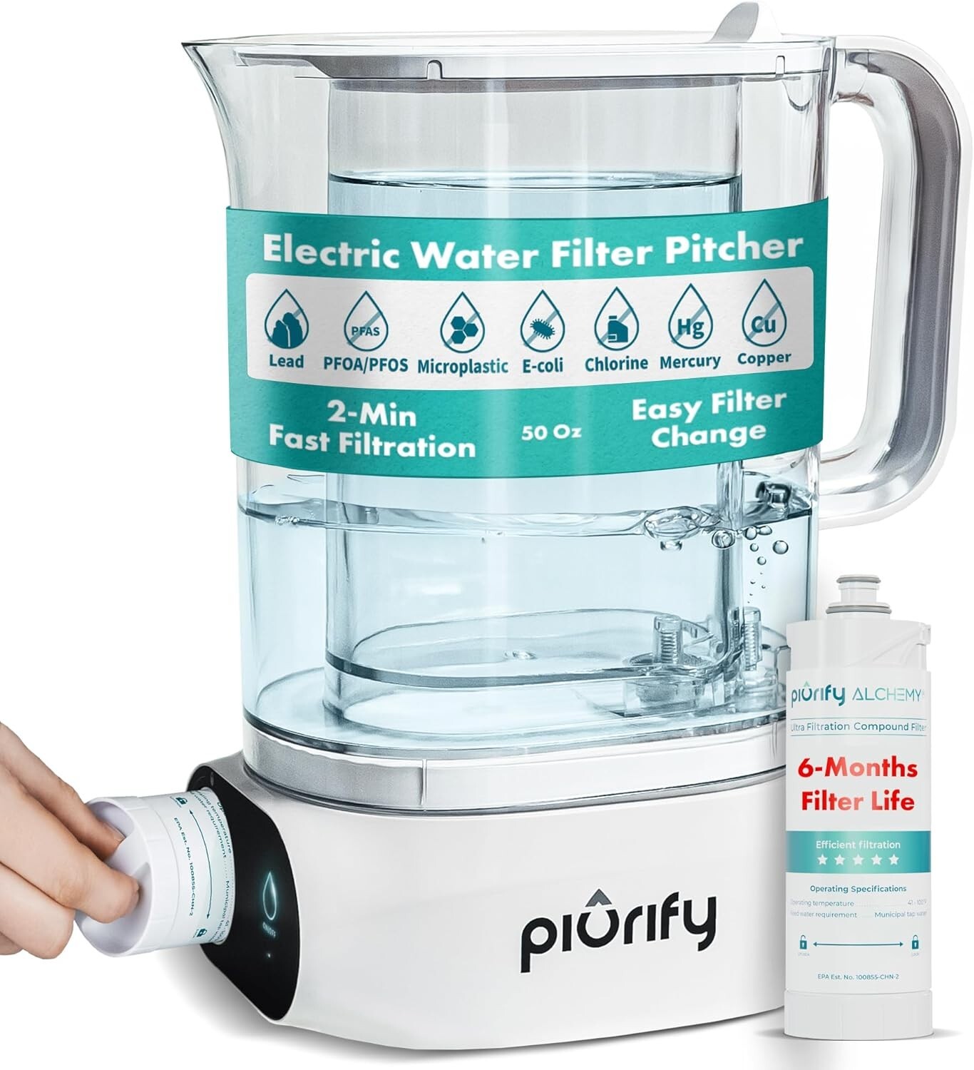 Countertop Electric Water Filter Pitcher with 6-Month UltraFiltration – Fast 2-M