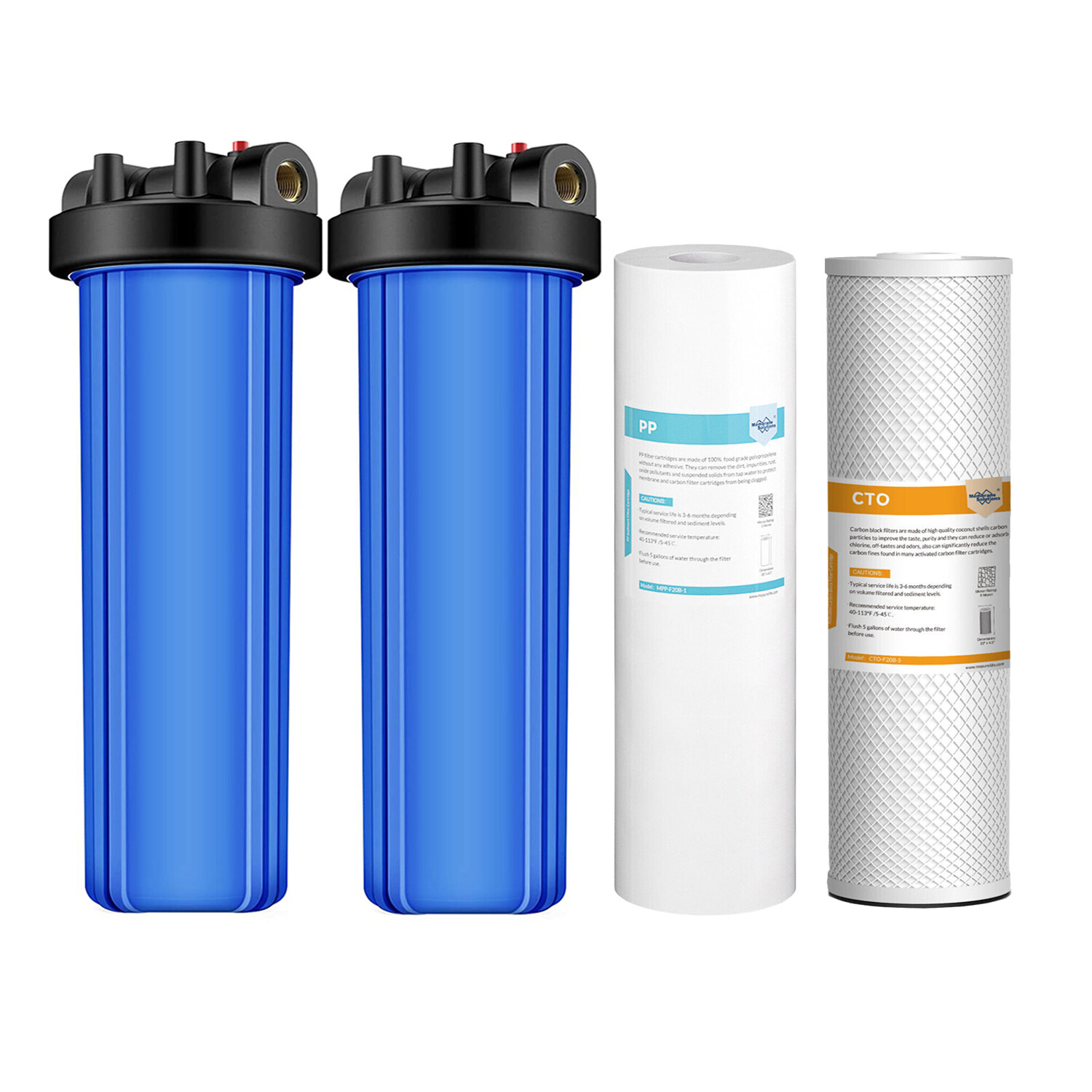 2-Stage 20 Inch Whole House Water Filter Housing System &2PCS PP CTO Filtration