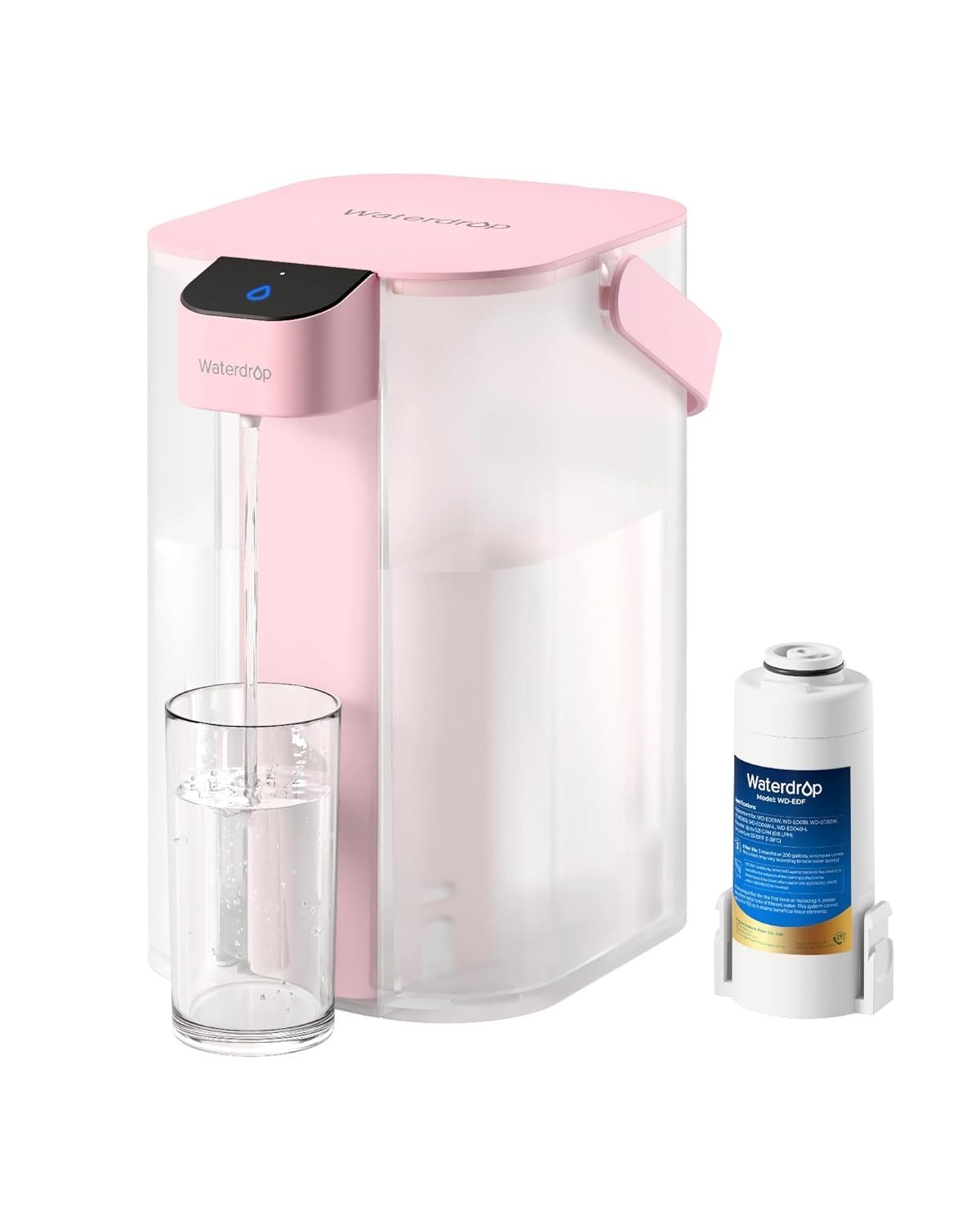 Waterdrop Electric Water Filter Pitcher, Instant 15-Cup Countertop System, Pink