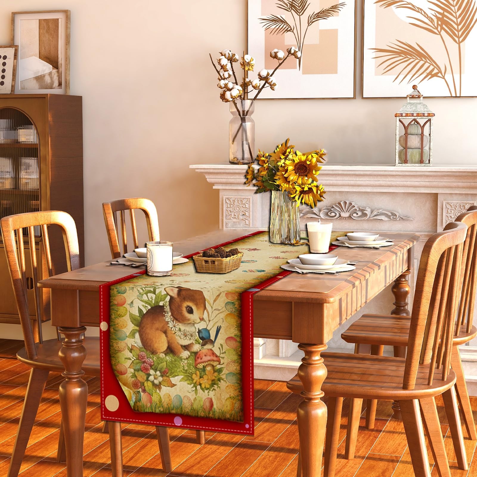 Vintage Easter Table Runner Retro Style Bunny 13×72 inches, Multi Color