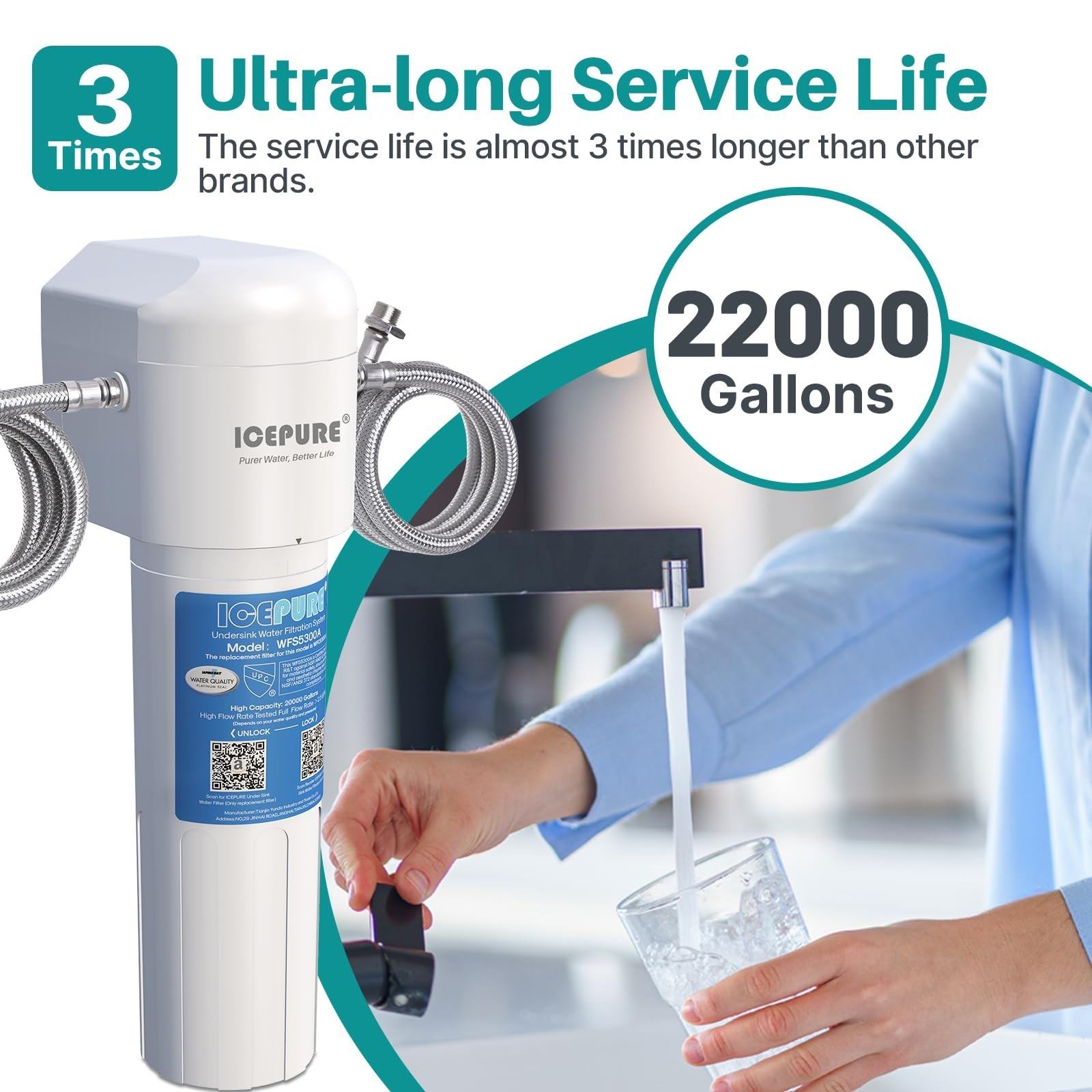 Under Sink Water Filter System – 3 Years/22,000 Gallons, NSF Certified, Removes