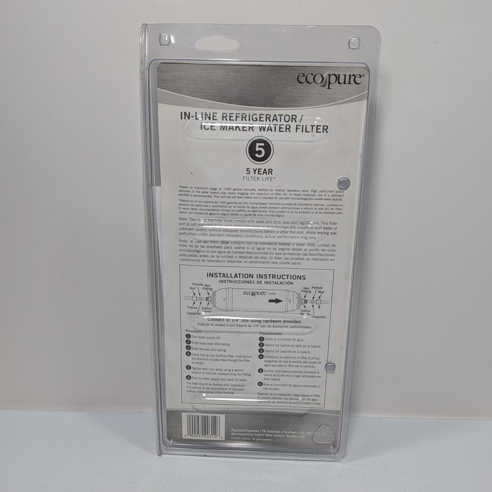 Ecopure EPINL30 In-Line Refrigerator Ice Maker 5-Year Water Filter 10033 Sealed