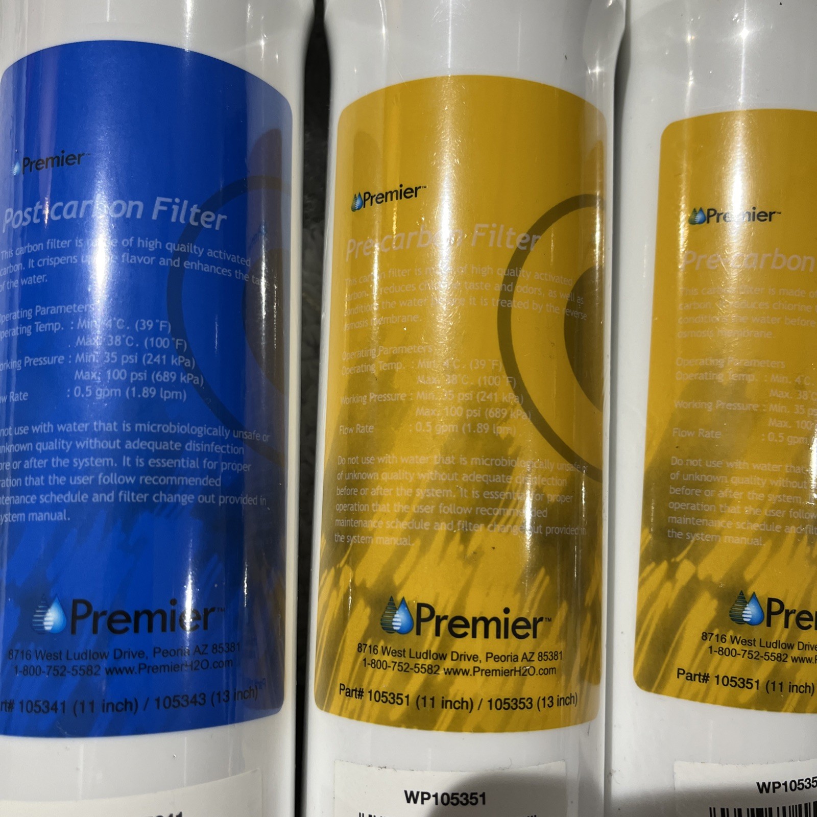 RO Water Replacement Cartridge 2 Yellow 1 Blue 1 Green Push Button, Sealed.