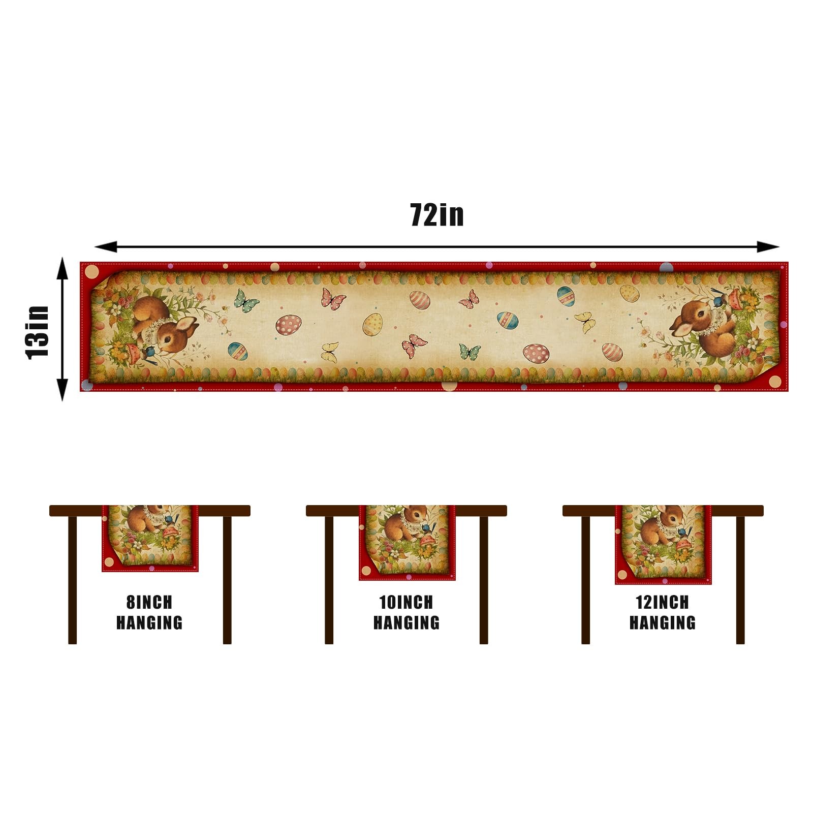 Vintage Easter Table Runner Retro Style Bunny 13×72 inches, Multi Color