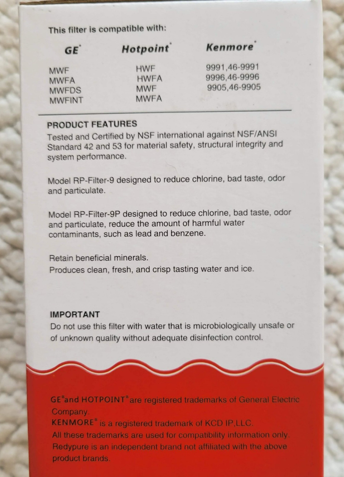 Redy Pure Water Filter rp-filter-9/9p GE, Hotpoint, Kenmore. 2pk