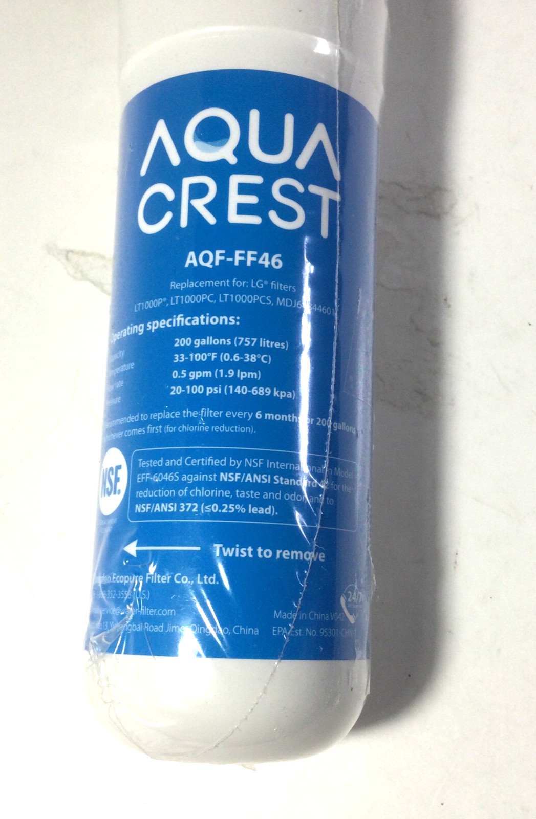 Aqua Crest AQF-FF46 Refrigerator Water Filter New Sealed . THIS IS A SQUARE DEAL