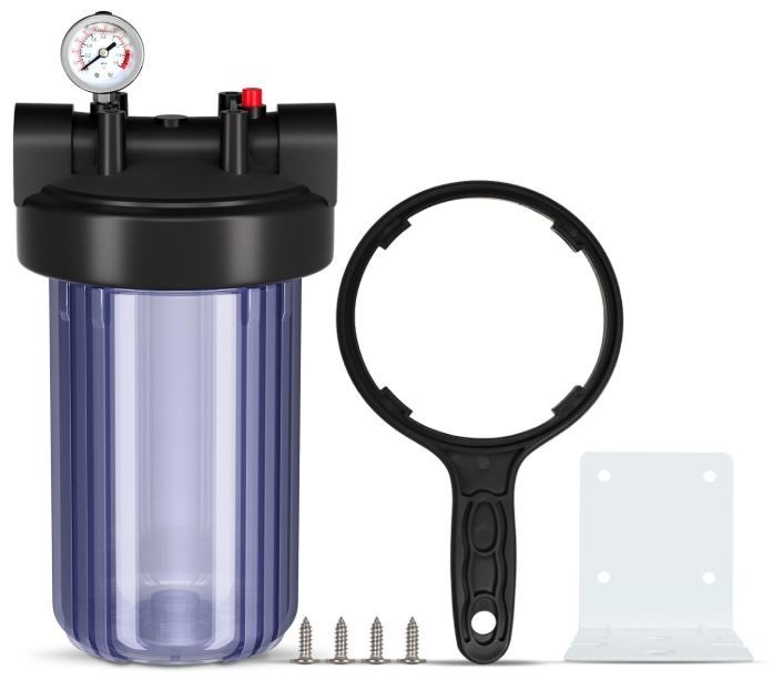 PUREPLUS 10″x4.5″ Whole House Water Filter Housing w/ Pressure Gauge and Filter