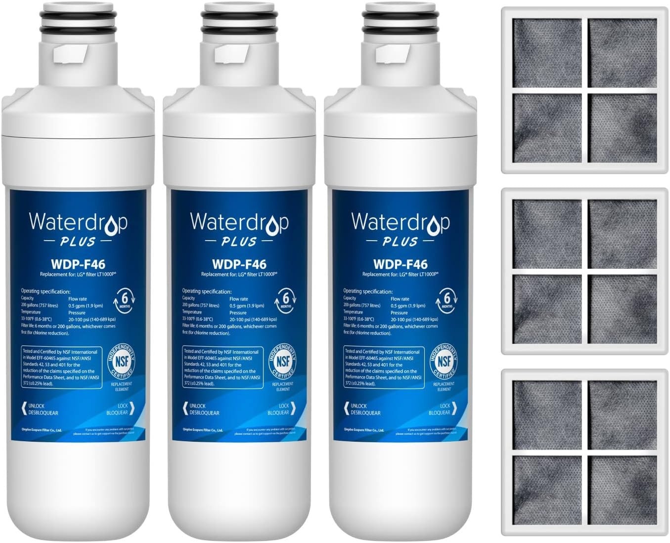 Waterdrop Plus Refrigerator Water Filter and Air Filter for LG® LT1000P®,3 Combo