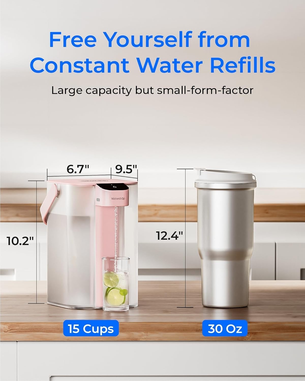 Waterdrop Electric Water Filter Pitcher, Instant 15-Cup Countertop System, Pink