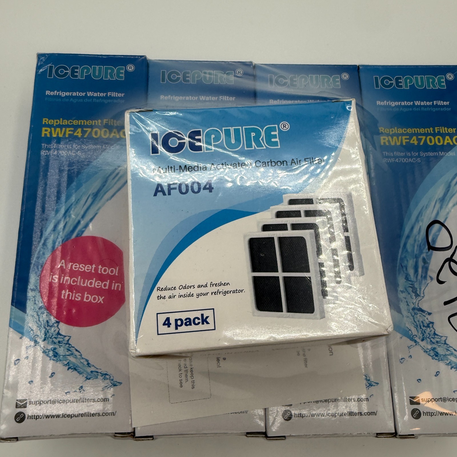 Icepure RWF4700AC Water Filter 4 Pack AND AF004 Carbon Air Filter 4 Pack SEALED